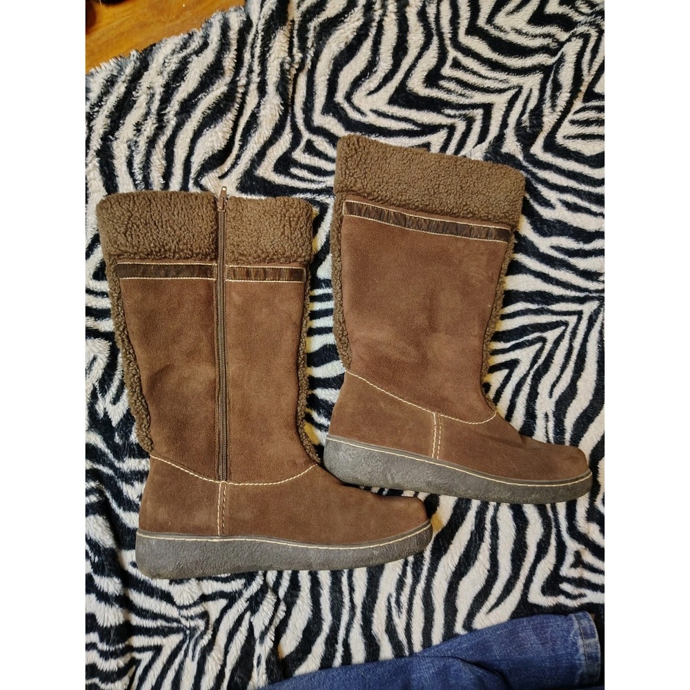 Lands End Boots Womens 8.5 Vegan Suede Fur‎ Lined Knee High Zip Boot Shoes Brown